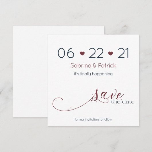 Minimalistische donkerblauwe en bordeauxrode 'Save Kaart (Voorkant / Achterkant)