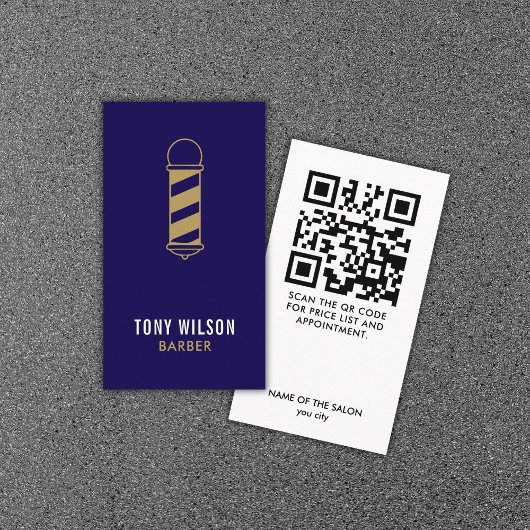 Minimalistische Donkerblauwe Gouden QR Code Barber Visitekaartje