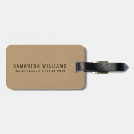 Minimalistische donkerbruine typografie op beige l bagagelabel (Achterkant horizontaal)