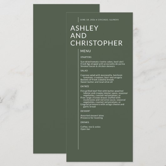 Minimalistische donkere mos groene bruiloft menu (Voorkant / Achterkant)
