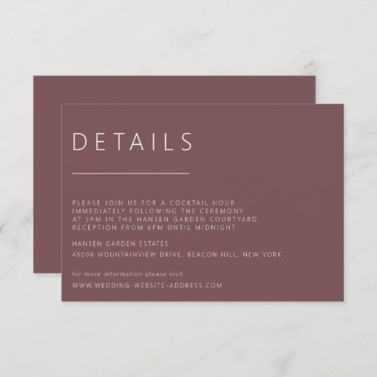 Minimalistische Donkere Roze Trouwdetails Kaart (Voorkant / Achterkant)