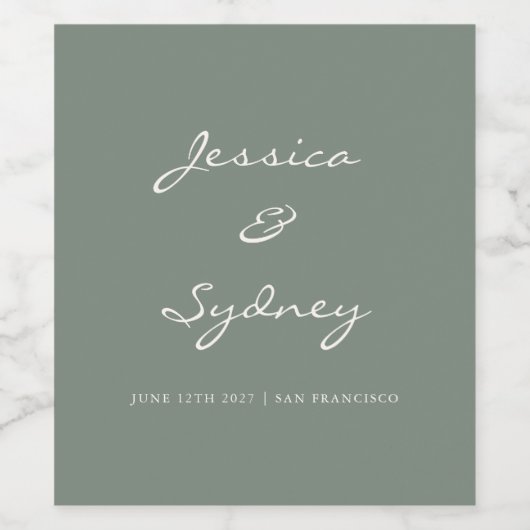 Minimalistische Donkere Sage Green Script Weddensc Wijn Etiket (Enkel label)