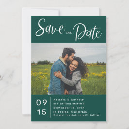 Minimalistische donkergroene en witte fototrouwdag save the date
