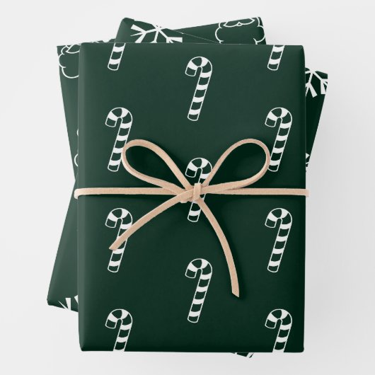 Minimalistische donkergroene snoepriet santa sneeu inpakpapier vel (In situ)