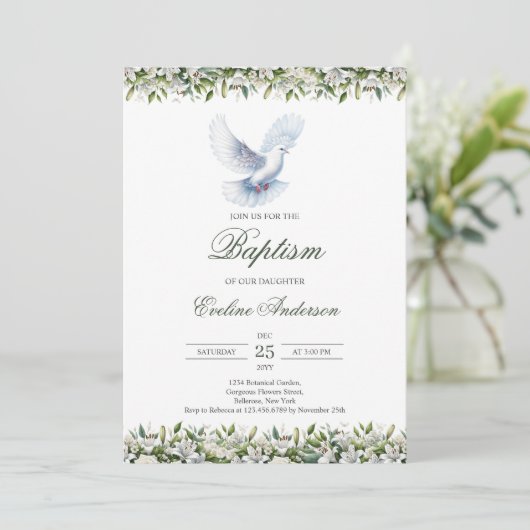 Minimalistische doopuitnodiging met witte duif kaart (Staand voorkant)