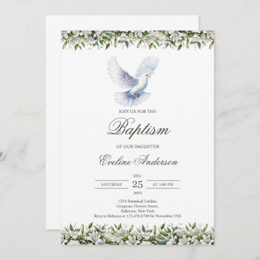 Minimalistische doopuitnodiging met witte duif kaart (Voorkant / Achterkant)
