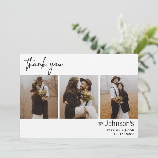 Minimalistische drie foto bruiloft dank u kaart (Staand voorkant)