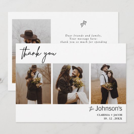 Minimalistische drie foto bruiloft dank u kaart (Voorkant / Achterkant)