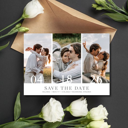 Minimalistische drie foto bruiloft Save the Date