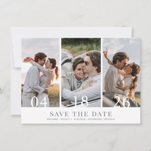 Minimalistische drie foto bruiloft Save the Date (Voorkant)