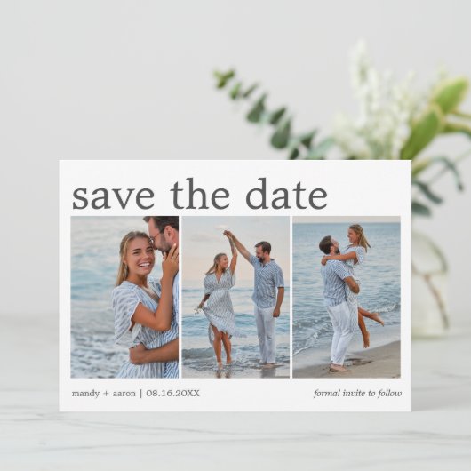 Minimalistische drie foto bruiloft save the date (Staand voorkant)