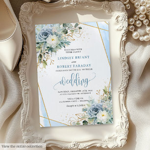 Minimalistische Dusty Blue Gold Flowers Wedding Ui Kaart