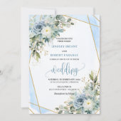 Minimalistische Dusty Blue Gold Flowers Wedding Ui Kaart (Voorkant)