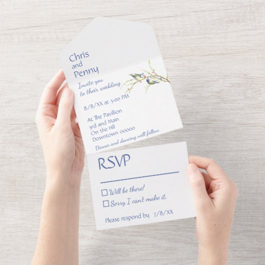 Minimalistische Dusty Blue Jay Love Birds Trouw  All In One Uitnodiging (Afscheurbaar)