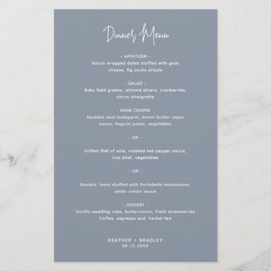 Minimalistische Dusty Blue Modern Wedding Menu (Voorkant)