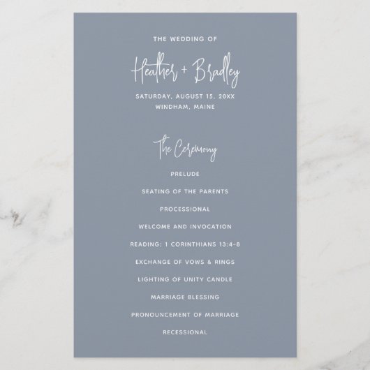 Minimalistische Dusty Blue Modern Wedding Program (Voorkant)