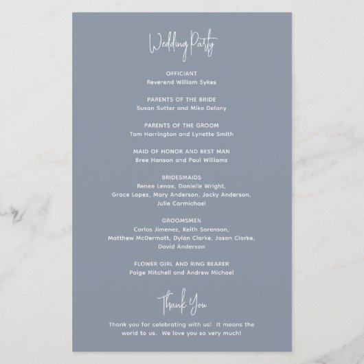 Minimalistische Dusty Blue Modern Wedding Program (Achterkant)