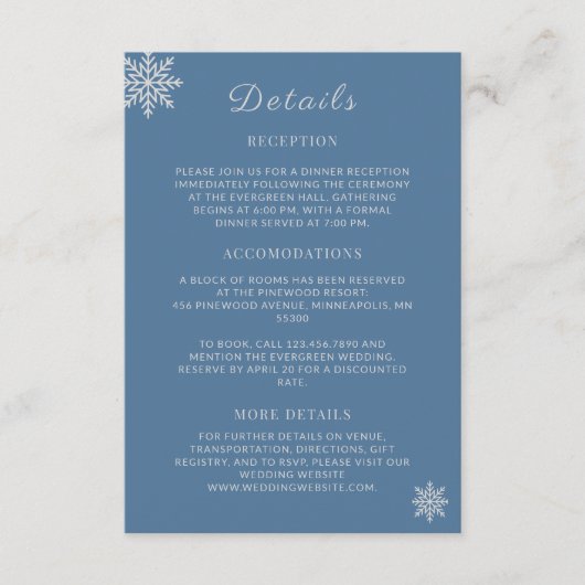 Minimalistische Dusty Blue Silver Winter Wedding D Informatiekaartje (Voorkant)