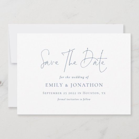Minimalistische Dusty Blue Text QR Code Wedding Save The Date (Voorkant)