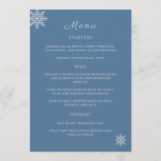 Minimalistische Dusty Blue Trouwtafel Menu Kaarten (Voorkant)