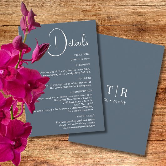 Minimalistische Dusty Blue Wedding Details Informatiekaartje