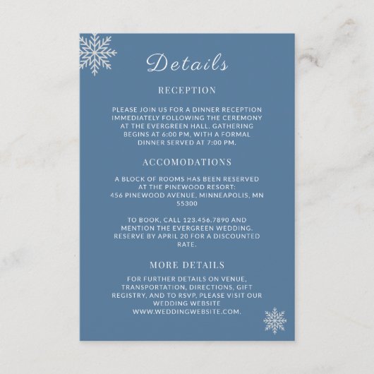 Minimalistische Dusty Blue White Winter Wedding De Informatiekaartje (Voorkant)
