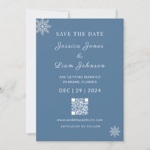 Minimalistische Dusty Blue White Winter WeddingQR- Save The Date