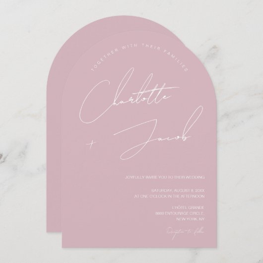 Minimalistische Dusty roos Roze Script boog bruilo Kaart (Voorkant / Achterkant)