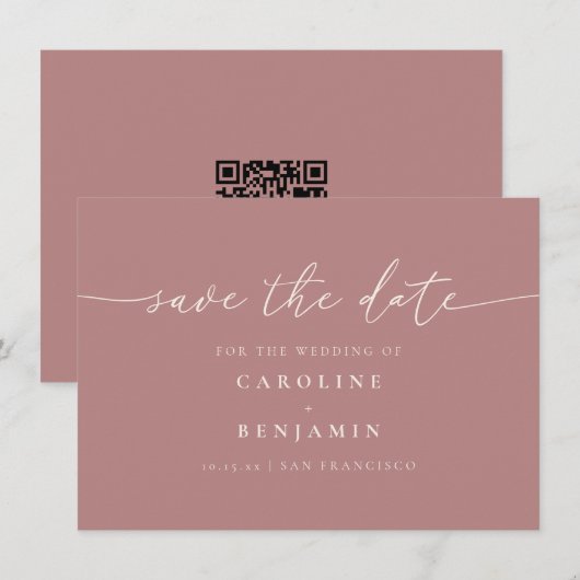 Minimalistische Dusty Rose Script Trouw QR-code Save The Date (Voorkant / Achterkant)