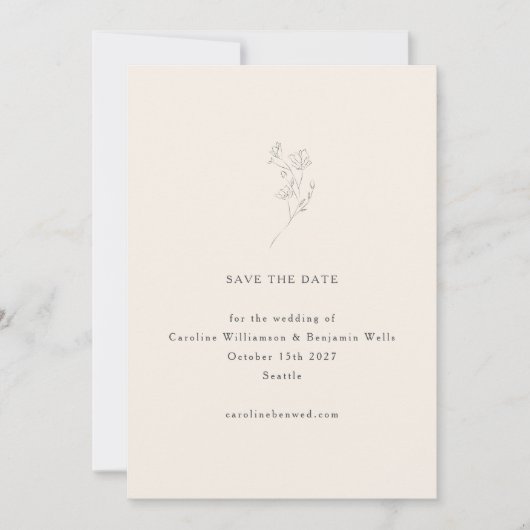 Minimalistische Ecru Bloem Lijn Kunst Elegante Tro Save The Date (Voorkant)