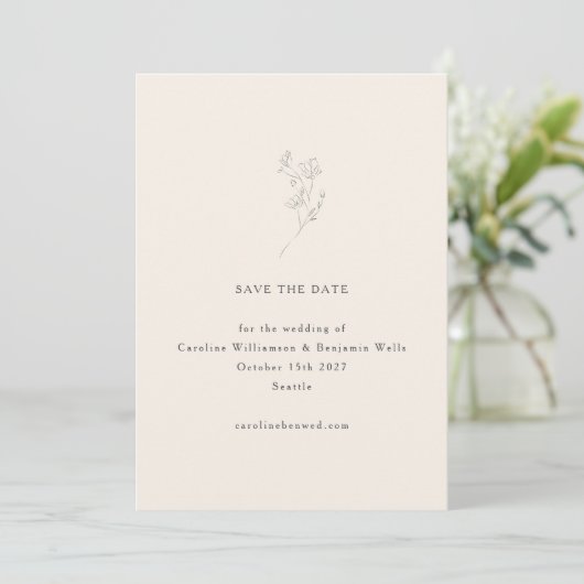 Minimalistische Ecru Bloem Lijn Kunst Elegante Tro Save The Date (Staand voorkant)