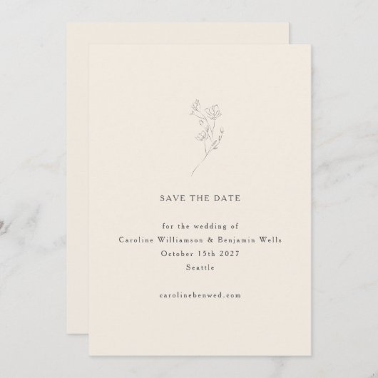 Minimalistische Ecru Bloem Lijn Kunst Elegante Tro Save The Date (Voorkant / Achterkant)