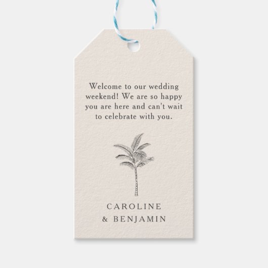 Minimalistische Ecru Palm Tree Custom bruiloft Wel Cadeaulabel (Voorkant)