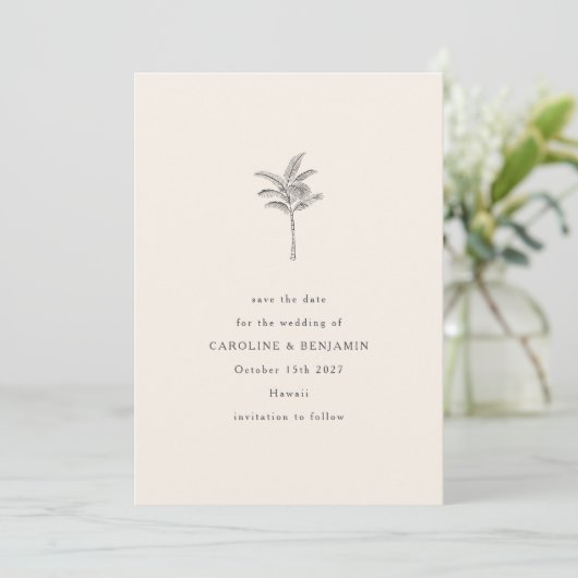 Minimalistische Ecru Palmboom Lijnkunst Elegante T Save The Date (Staand voorkant)