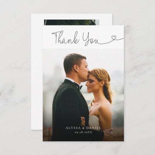 Minimalistische Eenvoudig Script Hart Trouwfoto's Bedankkaart (Voorkant / Achterkant)