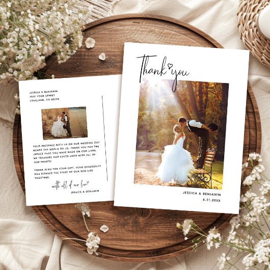 Minimalistische Eenvoudig Script Hart Wedding Dank Briefkaart