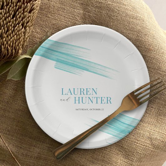 Minimalistische eenvoudige aqua-inktstrepen bruilo papieren bordje