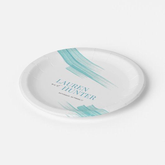 Minimalistische eenvoudige aqua-inktstrepen bruilo papieren bordje (Gekanteld)