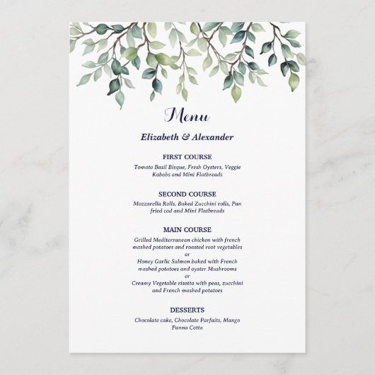 Minimalistische Eenvoudige  bladeren bruiloft Menu (Voorkant)