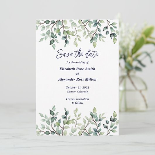 Minimalistische Eenvoudige bladeren bruiloft Save The Date (Staand voorkant)