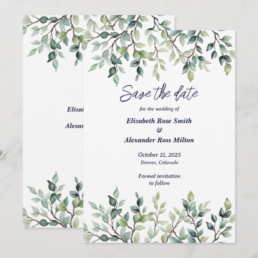 Minimalistische Eenvoudige  bladeren bruiloft Save The Date (Voorkant / Achterkant)