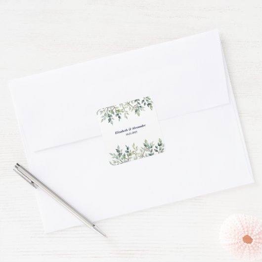 Minimalistische Eenvoudige  bladeren bruiloft Vierkante Sticker (Envelop)