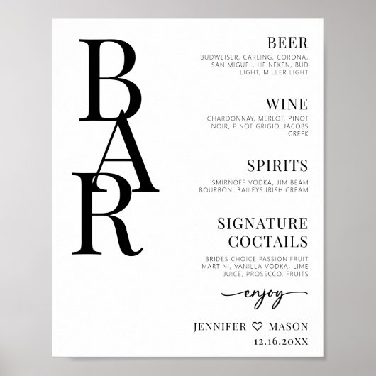 Minimalistische eenvoudige bruiloft bar menu teken poster (Voorkant)