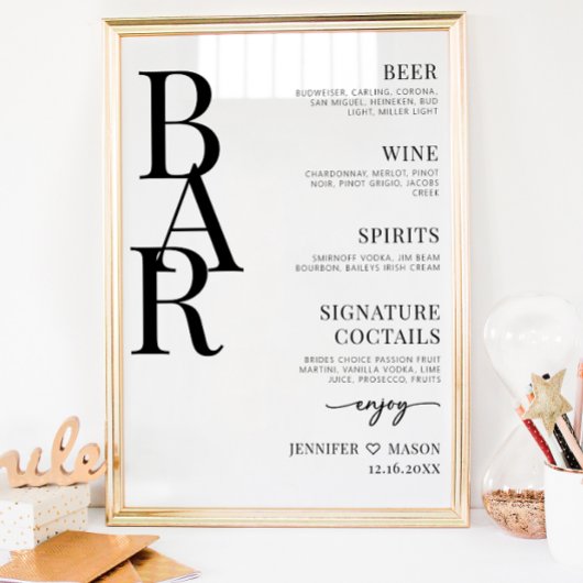 Minimalistische eenvoudige bruiloft bar menu teken poster