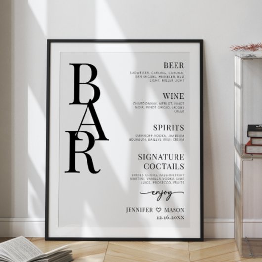 Minimalistische eenvoudige bruiloft bar menu teken poster