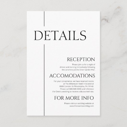 Minimalistische eenvoudige bruiloft details informatiekaartje (Voorkant)