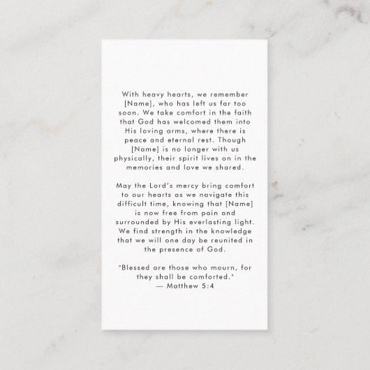 Minimalistische Eenvoudige Foto Begrafenisgebed Ka Visitekaartje (Achterkant)