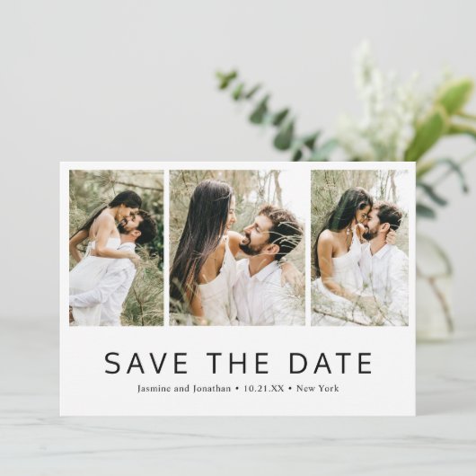 Minimalistische eenvoudige fotocollage moderne bru save the date (Staand voorkant)