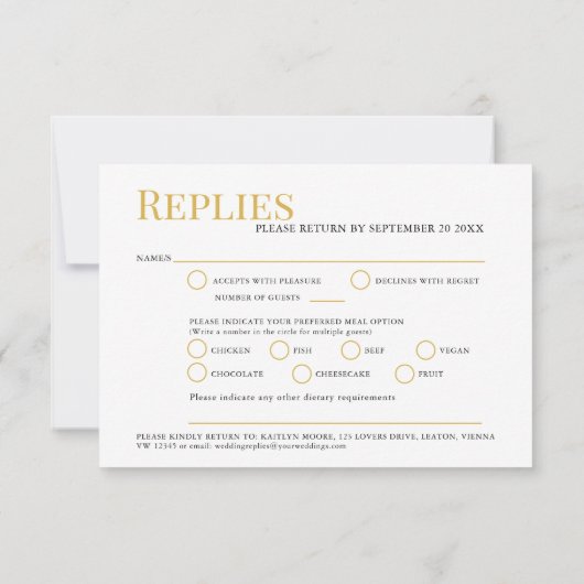 Minimalistische eenvoudige gouden bruine inkt eet  RSVP kaartje (Achterkant)