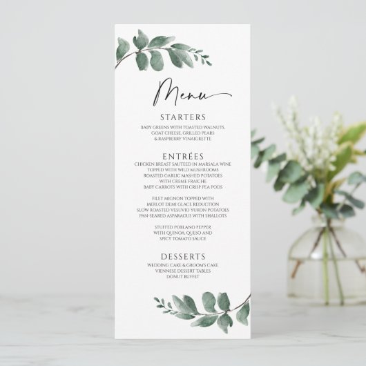 Minimalistische Eenvoudige Groene Blad Bruiloftsme Menu (Staand voorkant)